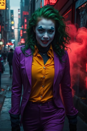 Art of a joker Joker's twisted grin wearing her makeup face, joker face makeup, purple her suit, black glove, red smoke, her green messy long hairstyle, serious badas pose, dark night, neon light city, cyberpunk realistic city background 