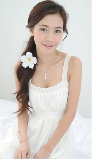 a beautiful female model, a beautiful young woman dressed in a white sleeveless dress, adorned with a necklace. Her hair is styled in a long, straight ponytail, adding a touch of color to her face. Her eyes are a piercing blue, and her lips are a vibrant pink. She is seated on a white backdrop, her hair cascades down to her shoulders. Her dress is adorned with two white flowers in her hair. The backdrop is a stark white, creating a stark contrast to her white dress.