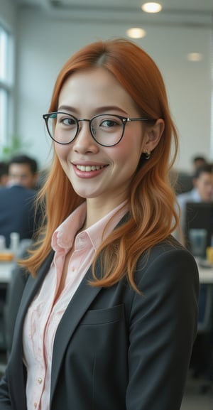 A 24-year-old gorgeous redhead Russian supermodel wearing big retro glass standing in a coworking space, smiling at the camera. She is dressed in casual professional attire, with detailed facial features showing her determination. The background includes desks, colleagues, and office equipment. --style raw