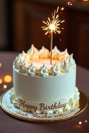 A close-up shot of an exclusive, beautifully decorated white birthday cake with intricate details, centered on a luxurious table. The cake is adorned with elegant gold accents and a sparkler on top, with the title Happy Birthday, Fasha written in elegant script on a ribbon around the base. Soft, warm lighting highlights the cake's texture and decorations, creating a celebratory atmosphere. The composition is balanced, focusing on the cake as the main subject, with a subtle background blur to enhance the exclusivity.