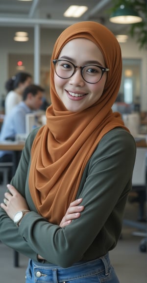 A 24-year-old gorgeous redhead Russian supermodel wearing hijab and big retro glass standing in a coworking space, smiling at the camera. She is dressed in casual professional attire, with detailed facial features showing her determination. The background includes desks, colleagues, and office equipment. --style raw