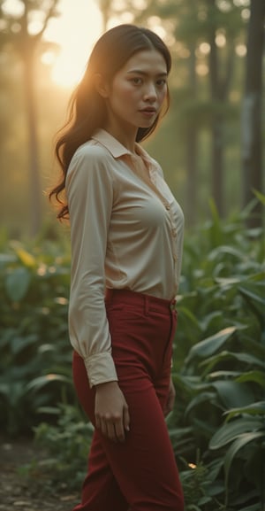 Vibrant Ukraine: A ravishing beauty strides confidently through a forgotten Soviet-era park, her fitted silk blouse accentuating her curves as she walks amidst overgrown flora. Soft sunset hues cast a warm glow, captured in a medium shot that highlights her natural elegance. The camera's subtle framing and Blackmagic Pocket Cinema Camera 6K G2's exceptional resolution perfectly encapsulate her essence.