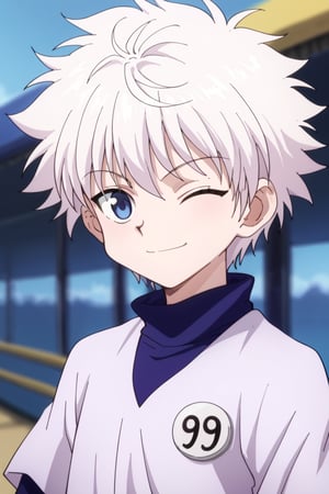 score_9, score_8_up, score_7_up, source_anime, BREAK, 1boy, male focus, solo, slender body,six pack,looking at viewer, portrait, depth of field,smile, young_boy,young,one eyes closed,cute,killua_zoldyck, white hair, blue eyes