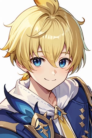 score_9, score_8_up, score_7_up, source_anime, BREAK, 1boy, male focus, solo, slender body, smile, looking at viewer, portrait, simple background, pose cute, mikag,blonde hair, blue eyes, hair between eyes, multicolored hair,short ponytail, smile 