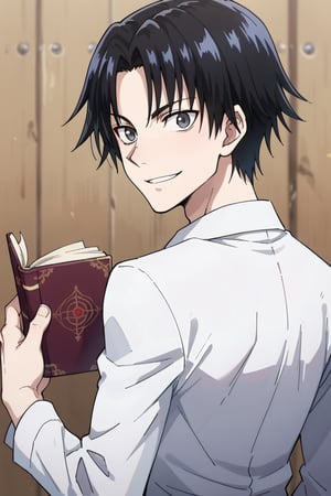 score_9, score_8_up, score_7_up, source_anime, BREAK, 1boy, male focus, solo, slender body,looking at viewer, portrait, depth of field,evil smile,Porunter,Chrollo Lucilfer,black hair,gray eyes, holding_item, holding Book Bandit's Secret from behind,SHAFT LOOK, LOOKING BACK, FROM BEHIND,HEAD TILT