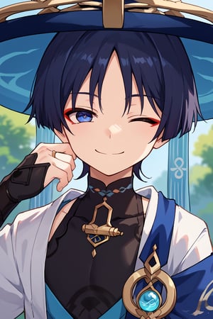 score_9, score_8_up, score_7_up, source_anime, BREAK, 1boy, male focus, solo, slender body,looking at viewer, portrait, depth of field,smile, young_boy,young,happy_face,wanderer,dark blue hair,blue eyes,red eyeliner,hat,thinking,one eyes closed