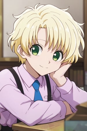 score_9, score_8_up, score_7_up, source_anime, BREAK, 1boy, male focus, solo, slender body,looking at viewer, portrait, depth of field,smile,Porunter,list,blonde hair,green eyes,freckles,suspender,necktie,head rest arm rest