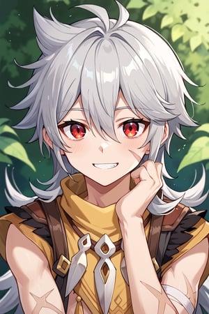 score_9, score_8_up, score_7_up, source_anime, BREAK, 1boy, male focus, solo, slender body,looking at viewer, portrait, depth of field,smile, happy_face,young_boy,razor,grey hair,long hair,hair between eyes,red eyes,scar,scar on face,scar on arm