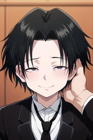 score_9, score_8_up, score_7_up, source_anime, BREAK, 1boy, male focus, solo, slender body,looking at viewer, portrait, depth of field, young_boy,young,two eyes closed,pov hands,Porunter,feitan,black hair, handsome boy,black suit,smile,happy_face,one eyes closed,stroking the head,like