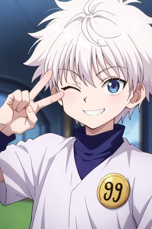 score_9, score_8_up, score_7_up, source_anime, BREAK, 1boy, male focus, solo, slender body,looking at viewer, portrait, depth of field,smile, young_boy,young,cute,killua_zoldyck, white hair, blue eyes,happy_face,(v-gesture:1.2), (five-fingered:1.4),one eyes closed