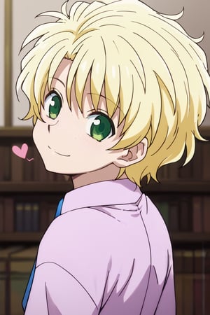 score_9, score_8_up, score_7_up, source_anime, BREAK, 1boy, male focus, solo, slender body,looking at viewer, portrait, depth of field,smile,Porunter,list,blonde hair,green eyes,freckles,suspender,necktie,blowing kiss, heart,SHAFT LOOK, LOOKING BACK, FROM BEHIND,HEAD TILT