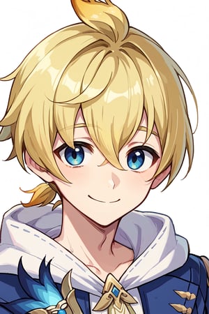 score_9, score_8_up, score_7_up, source_anime, BREAK, 1boy, male focus, solo, slender body, smile, looking at viewer, portrait, simple background, pose cute, mikag,blonde hair, blue eyes, hair between eyes, multicolored hair,short ponytail, smile 