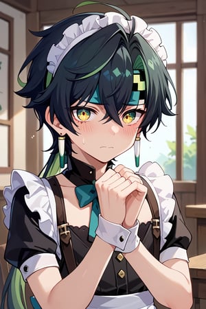 score_9, score_8_up, score_7_up, source_anime, BREAK, 1boy, male focus, solo, slender body,looking at viewer, portrait, depth of field, young_boy,young,maid_costume,Kinich,black hair,green hair,multicolored hair,green eyes,yellow eyes,gradient eyes,headband,blush,embarrassed,anxious,fetal_position