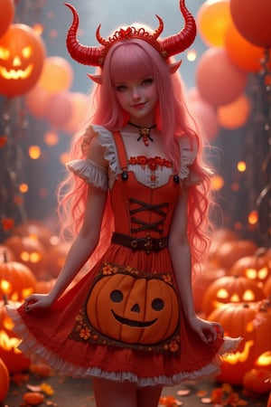 A sweet, beautiful goddess maid with long pinky ombre hair, small red horns, and a tail, wearing a maid dress adorned with a JACK-O'-LANTERN picture drawing. She stands elegantly at a Halloween party, surrounded by a sea of Jack-o'-lantern pumpkins and balloons. The scene is vibrant and festive, with warm, festive lighting. Her expression is joyful and inviting, with intricate details highlighting her charming appearance. The composition captures her in a playful pose, amidst a lively, Halloween-themed atmosphere.,Lux render optimizing 