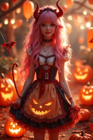 A sweet, beautiful goddess maid with long pinky ombre hair, small red horns, and a tail, wearing a maid dress adorned with a JACK-O'-LANTERN picture drawing. She stands elegantly at a Halloween party, surrounded by a sea of Jack-o'-lantern pumpkins and balloons. The scene is vibrant and festive, with warm, festive lighting. Her expression is joyful and inviting, with intricate details highlighting her charming appearance. The composition captures her in a playful pose, amidst a lively, Halloween-themed atmosphere.,Lux render optimizing 