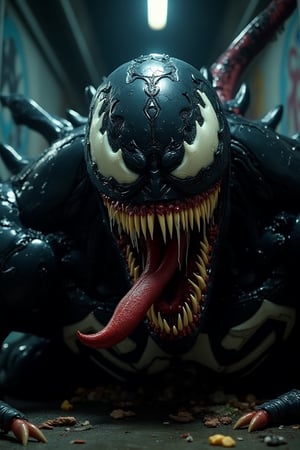 A close-up shot of Venom, the alien symbiote, with his long, dripping fangs and menacing eyes, set against a dark, shadowy background. The lighting is dramatic, with a single spotlight highlighting his menacing features. Venom's tongue is slightly extended, and his mouth is partially open, revealing his sharp teeth. The composition is centered, focusing on his intense, predatory expression. The location is a dark, industrial alleyway, with graffiti-covered walls and scattered debris.