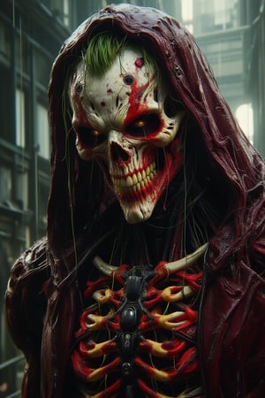 A Joker, red wide lipstick, red ink splat rated, skin less intricate, 4d red metallic chrome necrosis veins and arteries inner intricate, wearing a polycarbonate mediaeval cloak. Horror ruins background 