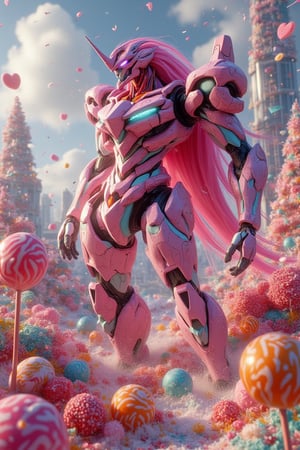 A vibrant, intricate candy world background with a long pink-haired Evangelion, standing tall and majestic. The scene is framed with a wide shot, showcasing the colorful candy landscape. The lighting is bright and playful, highlighting the Evangelion's detailed armor and the candy world's vibrant colors. The composition is balanced, with the Evangelion in the center, surrounded by candy trees, lollipops, and confetti.,\uD83E\uDD16\uD83C\uDF1F, (Shading and Lighting using Phong shading, Gouraud shading, and Blinn-Phong shading, mirror reflections shading, Rendering), ambient occlusion, cycles 4d render, octane render, V-Ray render, unity, 7d cryengine 7 optimization, 124k Ultra HD resolution.