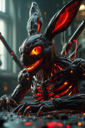 skinny less necrobiosis bunny hybrid xenomorph, laying on a table at laboratory science , with a metamorphosis skin less intricate, 4d crimson metallic necrosis veins and arteries inner intricate, complex with cyber tech gearhigh tech , blurred particles light background