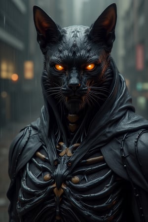 A black humanoid cat, Wearing a skeleton armored made from ceramic materials,