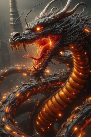 A black red shenlog dragon, Glowing Flame inside the body.