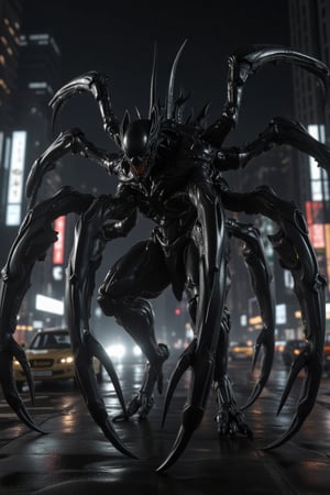 A close-up shot of a monstrous creature with ten legs, its body covered in dark, scaly skin and sharp, menacing claws. The lighting is eerie and low, casting deep shadows that accentuate the monster's terrifying features. The composition is centered, with the creature's multiple legs splayed out, showcasing its grotesque anatomy and predatory stance. The background is dark and foreboding, adding to the sense of dread and danger.SSAO ambient occlusion, octane render, 4d cycles 4d (intricate rendering optimization), epic masterpiece iconic photography, city centre background,  ricoh r10 --ar 3:4 --c 02 --niji 6 --style raw-- , 124k ultra HD resolution