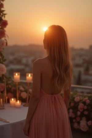 The girl in an elegant evening dress is at the hotel's rooftop party in the evening. He is watching the sunset. It is surrounded by elegant candlesticks and flowers.,BrC10 hyper realistic, photography