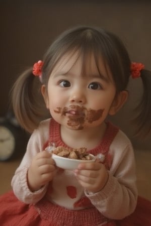 little girl eats chocolate. There's chocolate smeared around his mouth and on his cheeks. hyper realistic, uştra realistic, photography,Yade10