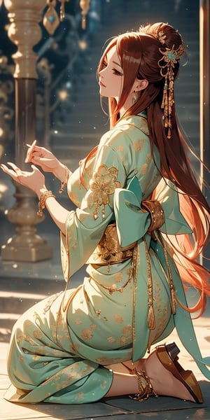 ((masterpiece)), ((best quality)), ((super quality)), ((best quality CG wallpaper)), wide shooting angle, (digital painting), beautiful woman,Uzumaki Kushina, Illustrate a mature, elegant 29-year-old woman with captivating, expressive eyes that reflect wisdom and connection to nature. Her hair is styled in an intricate, geisha-inspired fashion, adorned with traditional decorations that complement her refined beauty. She wears a beautifully crafted outfit — a skirt and upper dress inspired by geisha attire, adorned with delicate, earthy patterns that evoke the textures of soil. She kneels gracefully, her hands gently playing with soil, letting it sift through her fingers, embodying a serene and grounded energy. The scene captures her harmonious bond with the earth, blending classic elegance with a deep, natural essence.

