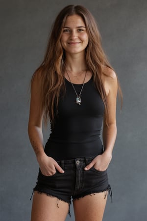 A low quality smartphone photo of a 40yo metalhead with very long hair.
She has a cute round face with freckles and smiles.
She is wearing a tight fitting sleeveless black top made from smooth stretch fabric .
She is also wearing black cutoff denim shorts and black leather ankle boots. 