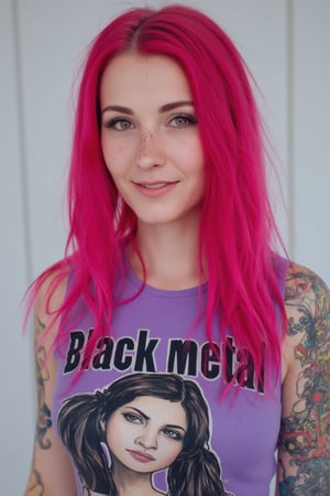 A close-up photo of Jana, a 30yo Su1c1de_G1rls woman from Germany with very long intense vibrant colored pink hair. She has a cute round face with freckles and smiles. She wears a tight fitted sleeveless top made from smooth stretch fabric showing a Black Metal album cover art. On her right arm and shoulder a large colorful dragon is tattooed.,detailed photorealism style