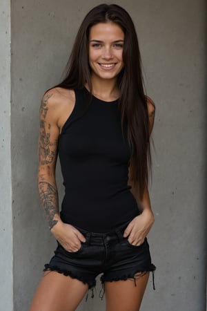 A 40yo metalhead with very long hair.
She has a cute round face with freckles and smiles.
She is wearing a tight fitting sleeveless black top made from smooth stretch fabric .
She is also wearing black cutoff denim shorts and black leather ankle boots. 