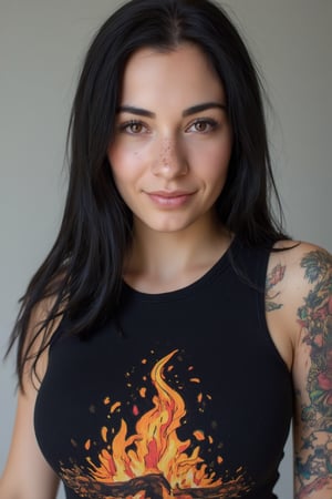 A close-up photo of a 30yo Su1c1de_G1rls woman from Germany with very long hair. She has a cute round face with freckles and smiles. She wears a tight fitted sleeveless black top made from smooth stretch fabric with a print showing a burning bonfire. On her right arm and shoulder a large colorful dragon is tattooed.