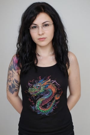 A photo of a 30yo goth Russian woman with very long straight natural curly black hair, a cute round face, colorful dragon tattoos, glasses. She wears a tight fitted sleeveless black top with a cute and nerdy dragon design.