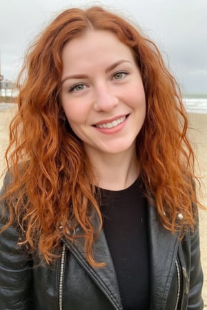 This is a high-resolution photograph of a 30yo woman with striking red hair, which is voluminous, curly, and cascades over her left shoulder. She has fair skin and a radiant smile, revealing her teeth. Her eyes are a soft hazel green color, and she wears minimal makeup, emphasizing her natural beauty. She is wearing a black leather jacket. 
She stands on a beach near the north Sea on a cold winter day. The overall mood of the photograph is cheerful and relaxed, capturing a candid moment of the woman's friendly expression.