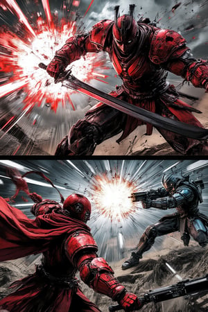 A multi-panel manga page depicting an intense battle between a fierce Red Samurai and a heavily Armored Mecha. In the first panel, the Red Samurai is captured mid-motion, delivering a powerful slash towards the Mecha, his crimson armor glinting under high-contrast lighting with vibrant speed lines accentuating his swift movement. The second panel focuses on the Armored Mecha’s counterattack, its metallic armor gleaming in shades of gray and blue, as it retaliates with a powerful gun blaster shot aimed at the Samurai. Intense lighting creates dramatic shadows across both characters, while background action lines and debris convey the chaotic energy of the fight. Each panel is framed to capture the tension and raw power of the encounter, with close-up shots on faces and weapons, and wide shots to showcase the destructive impacts,MangaPanel,red samurai,Lucent Illusions