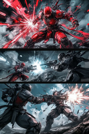 A multi-panel manga page depicting an intense battle between a fierce Red Samurai and a heavily Armored Mecha. In the first panel, the Red Samurai is captured mid-motion, delivering a powerful slash towards the Mecha, his crimson armor glinting under high-contrast lighting with vibrant speed lines accentuating his swift movement. The second panel focuses on the Armored Mecha’s counterattack, its metallic armor gleaming in shades of gray and blue, as it retaliates with a powerful gun blaster shot aimed at the Samurai. Intense lighting creates dramatic shadows across both characters, while background action lines and debris convey the chaotic energy of the fight. Each panel is framed to capture the tension and raw power of the encounter, with close-up shots on faces and weapons, and wide shots to showcase the destructive impacts,MangaPanel,red samurai,Lucent Illusions