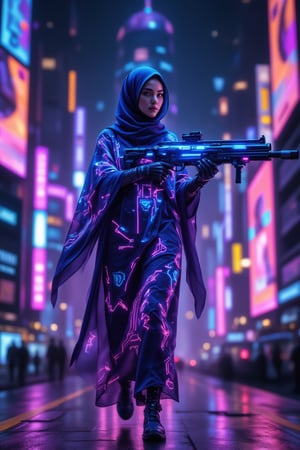 A hijabi cyberpunk with glowing circuit patterns fires a sophisticated gun through a neon-lit alley at midnight. The scene is captured from a low-angle shot, highlighting the intricate designs on her attire. Prism kaleidoscope light effects create a spectrum of colors on the fabric's surface, with reflections emphasizing the futuristic elements. The background features towering holographic billboards, all blurred to accentuate her swift movement. The starry night sky enhances the overall futuristic atmosphere.

(1.6-1) dS = δQ_rev/T::1.2 Hijabi Cyberpunk::0.8 Neon City --s Ultra-realistic,CyberpunkHijab,1 girl,PrismKaleidoscope