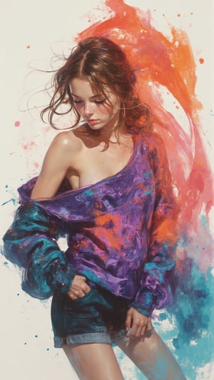 A stunning illustration of a young alluringly beauty woman standing gracefully, wearing an oversized sweater with one shoulder exposed, rendered in the bold, textured brushstrokes of Leonid Afremov combined with the fluidity of ink washing. The sweater is painted vibrant colors, cyan, purples, coral and oranges, sweeping fabric is caught in the wind, swirling around her in expressive, high contrast, thick strokes of paint. The flowing material dances through the air, creating a sense of dynamic motion and energy. The vibrant ink brings a subtle, ethereal quality to the swirling fabric, blending into soft, flowing gradients.The background is minimal, allowing the vibrant sweater and soft ink washes to stand out, as the combination of the great artist Afremov’s energetic style.