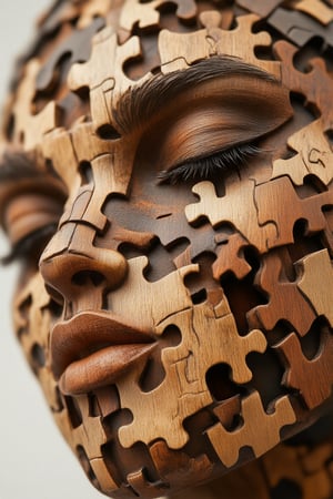 A high-resolution abstract composition featuring a blend of wood and jigsaw puzzle elements, with intricate wooden textures merging into geometric puzzle shapes. Soft ambient lighting highlights the warm tones of oak, walnut, and light pine, while the minimal background ensures focus on the textured and structured design.,JigsawPuzzle,WoodCraft