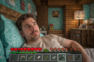 english man relaxing on bed. The man appears laidback, his facial features detailed and lifelike, contrasting with the pixelated blocks in his surroundings. The classic Minecraft inventory is displayed on the screen, showing various block options, while the hearts and food indicators are visible in the corner, adding a game-like feel to the scene. The background features typical Minecraft house interior, with pixelated furnitures and decorations. The scene captures a blend of realism and Minecraft’s pixelated aesthetic, highlighting the intersection between the real world and the digital game environment,RealCraft