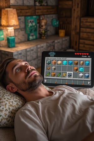 english man relaxing on bed. The man appears laidback, his facial features detailed and lifelike, contrasting with the pixelated blocks in his surroundings. The classic Minecraft inventory is displayed on the screen, showing various block options, while the hearts and food indicators are visible in the corner, adding a game-like feel to the scene. The background features typical Minecraft house interior, with pixelated furnitures and decorations. The scene captures a blend of realism and Minecraft’s pixelated aesthetic, highlighting the intersection between the real world and the digital game environment,RealCraft