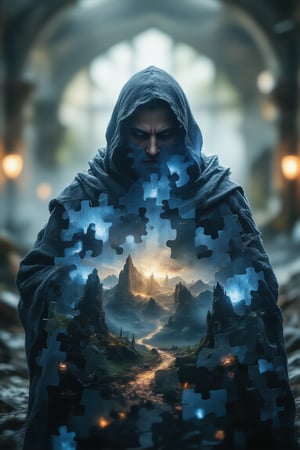 A mesmerizing digital art composition of a powerful wizard surrounded by a fusion of magical and surreal effects. The wizard stands at the center, cloaked in flowing, ethereal robes that appear to dissolve into wisps of enchanted energy, creating a seamless blend with the surrounding mystical background. Jigsaw puzzle pieces drift around him, as though he is part of a larger, unfinished tapestry of reality, with pieces missing to reveal a starry void behind. The image employs a strong double exposure technique, interweaving the wizard's form with landscapes of ancient forests, fog-covered mountains, and flickering magical symbols, giving an impression of his deep connection to the mystical world. Soft, ambient lighting illuminates his figure, casting a soft glow that emphasizes his intense gaze and the intricate details of his staff. Glowing particles and floating symbols add a layer of enchantment, creating a captivating, dreamlike atmosphere. The background is a blend of soft, muted colors with highlights of deep blues and purples, enhancing the ethereal quality of the scene,JigsawPuzzle,Stylized Double Exposure,Blend In Double Exposure,hkmagic