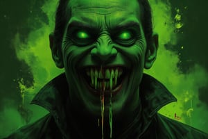 A portrait of Count Dracula with long, sharp canines, depicted in a neon green noir theme. His skin is pale, almost luminescent, contrasting with the deep shadows around him. The neon green hue casts an eerie glow on his sharp features, highlighting the sinister curve of his smile and his piercing eyes. The background is dark, shrouded in shadows with hints of neon green light cutting through, creating a spooky atmosphere. The overall scene is extra creepy, emphasizing Dracula's eerie presence with a modern twist on the classic vampire aesthetic.,CitrusShadow,EvilVampire