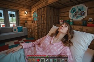 english woman wearing pyjamas relaxing on bed. The woman appears laidback, her facial features detailed and lifelike, contrasting with the pixelated blocks in her surroundings. The classic Minecraft inventory is displayed on the screen, showing various block options, while the hearts and food indicators are visible in the corner, adding a game-like feel to the scene. The background features typical Minecraft house interior, with pixelated furnitures and decorations. The scene captures a blend of realism and Minecraft’s pixelated aesthetic, highlighting the intersection between the real world and the digital game environment,RealCraft