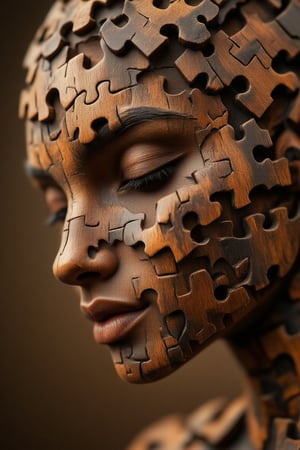 A stunning high-resolution portrait of a person with a serene expression, partially dissolving into intricate jigsaw puzzle pieces, seamlessly blending with woodcarving textures. The background is a blurred, warm-toned gradient, while gentle side lighting highlights the detailed carved edges. The scene is rich in earthy tones, with intricate wood grains and puzzle pieces creating a dynamic sense of transformation.,JigsawPuzzle,WoodCraft