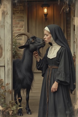 Softly lit vintage farmhouse porch, weathered to perfection, creaks beneath the weight of nostalgia as Sister Bernadette's lips tenderly meet the rugged muzzle of a majestic black goat with imposing horns. Warm lighting and soft focus evoke a bygone era, blending the nun's 17th century habit and the goat's shaggy coat in muted tones. The air is thick with the scent of old film and forgotten memories as the composition guides the viewer's eye through the faded, worn edges of an antique photograph. old camera lens view