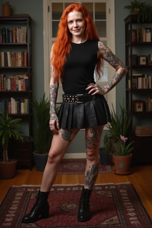 A full-body photo of a 40yo goth with very long ginger hair.
She has a cute round face with freckles, a slim and muscular body, and smiles.
She is wearing a tight fitting sleeveless t-shirt made from smooth stretch fabric.
She is also wearing a short pleated leather skirt with a studded  belt and black leather ankle boots.
Her arms and legs are adorned with many colored tattoos of dragons and skulls.
She stands with a dynamic pose in an apartment with book shelves and plants on a rug. 