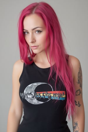 A photo of a 30yo Su1c1de_G1rls woman with very long pink hair.
She wears a tight fitted black sleeveless top made from smooth stretch fabric with a "Dark Side of the moon" print design. 