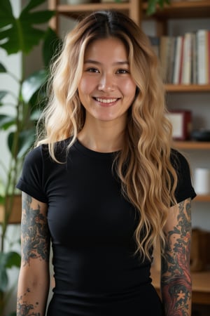 Close-up photograph of a 30yo Japanese woman with very long wavy and curly blonde hair falling down over her shoulders. The woman has a cute round face with freckles and smiles. The woman is wearing a skin-tight fitted black t-shirt made from smooth stretch fabric. The womans arms and neck are covered in traditional colored full-sleeve tattoo of dragons and flowers. She is standing in an apartment with plants and book shelves.